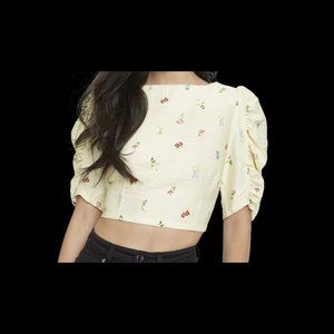 Pastel Yellow Botanical Ditsy Floral Ruffle Sleeve Crop Top